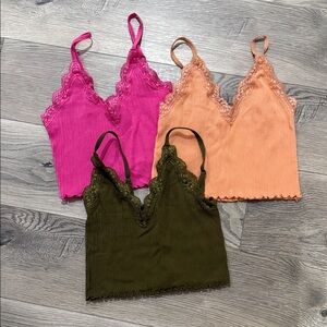 Forever 21 Lace Trim Ribbed Camisoles -‎ Pink, Orange, Olive.  Medium